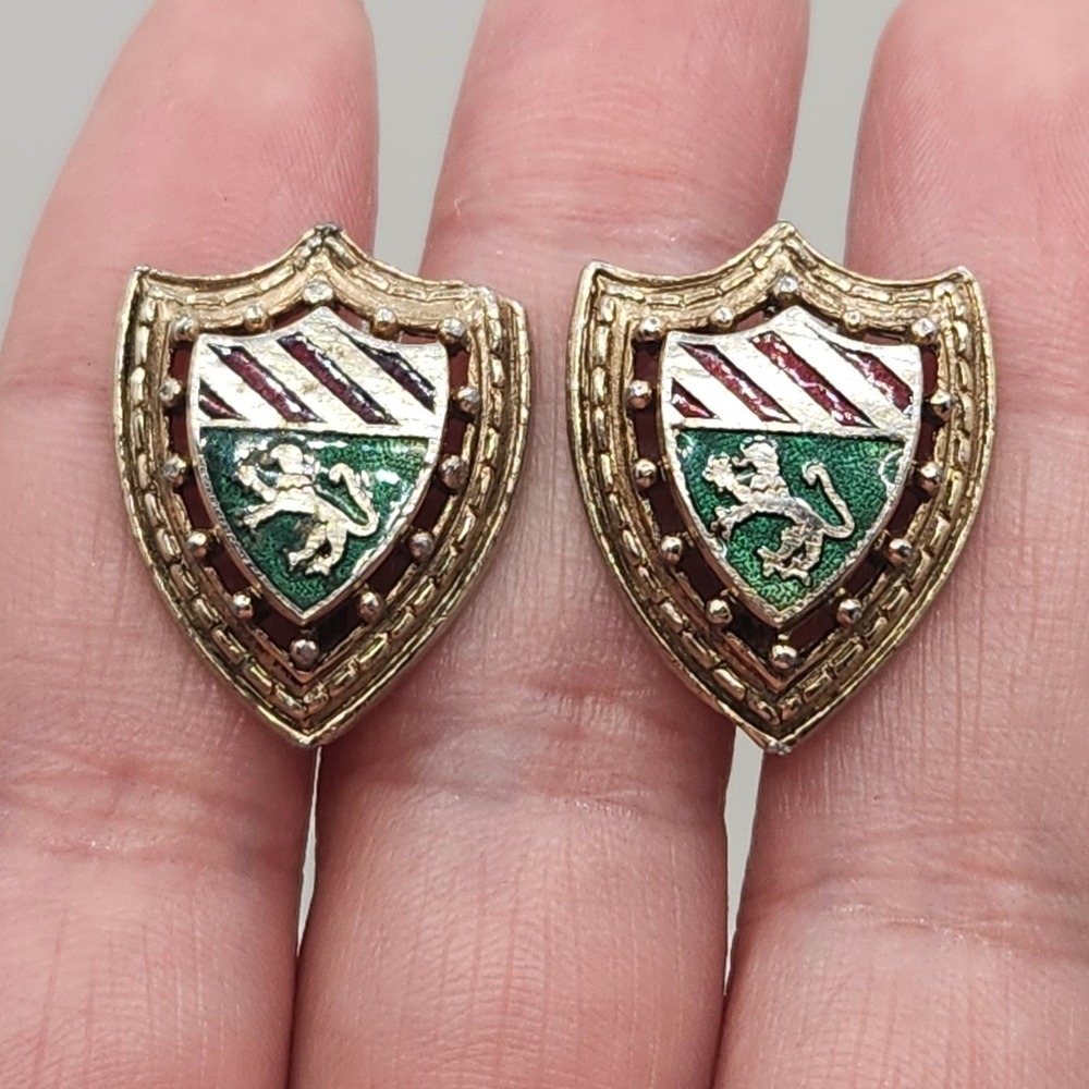 Vintage Enamel Shield Heraldic Lion Screw Back Earrings WWII Collectible